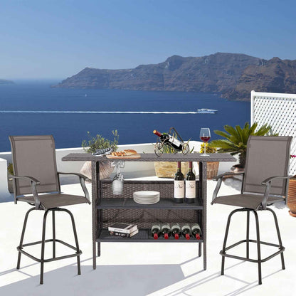 Outdoor Wicker Bar Table with 2 Metal Mesh Shelves & Wine Glass Rack