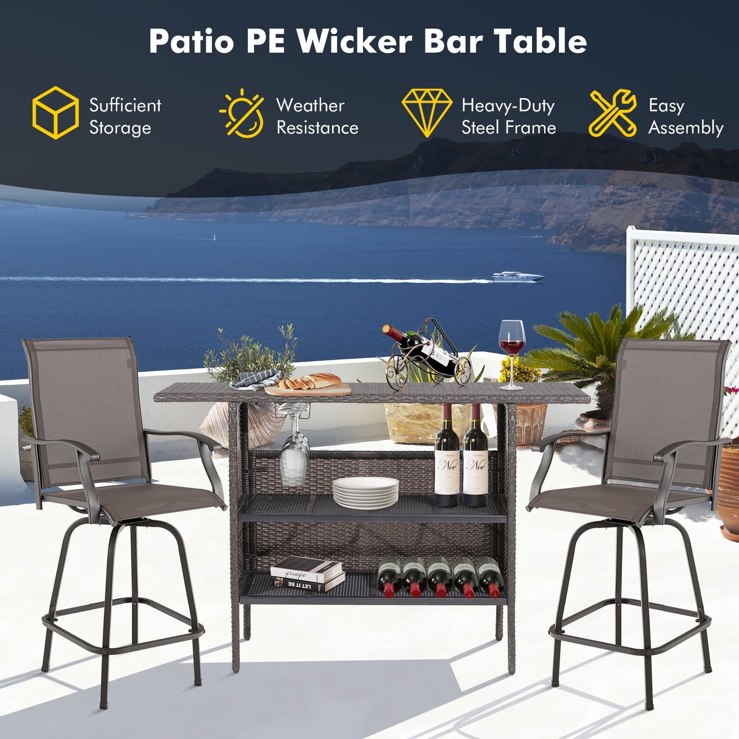 Outdoor Wicker Bar Table with 2 Metal Mesh Shelves & Wine Glass Rack