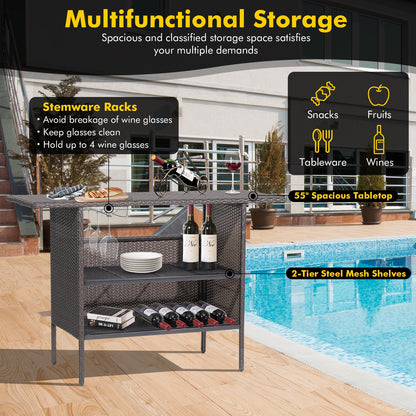 Outdoor Wicker Bar Table with 2 Metal Mesh Shelves & Wine Glass Rack