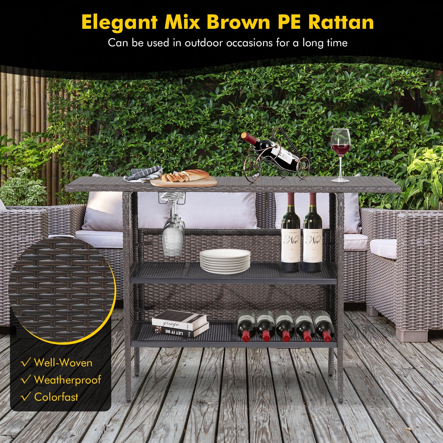 Outdoor Wicker Bar Table with 2 Metal Mesh Shelves & Wine Glass Rack