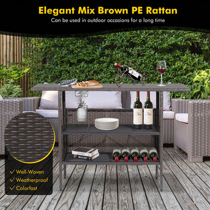 Outdoor Wicker Bar Table with 2 Metal Mesh Shelves & Wine Glass Rack