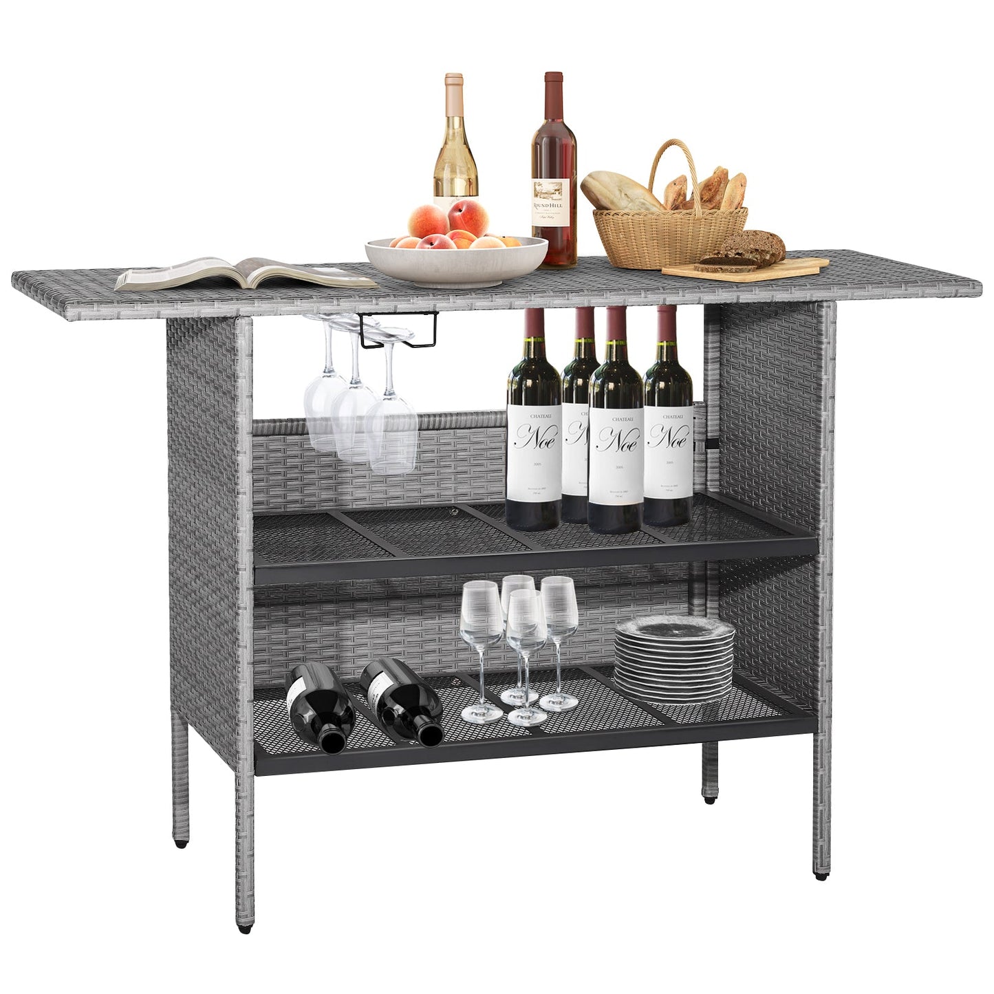 Outdoor Patio Wicker Bar Table with Metal Shelves & Wine Glass Rack