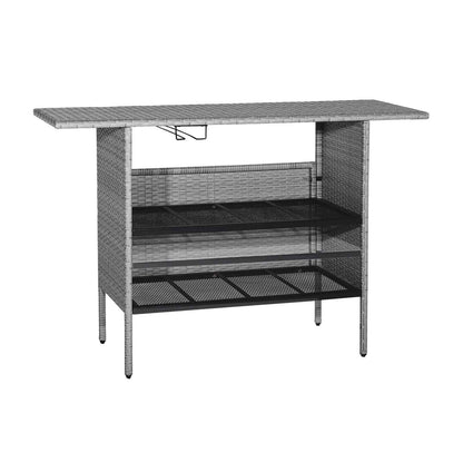 Outdoor Patio Wicker Bar Table with Metal Shelves & Wine Glass Rack