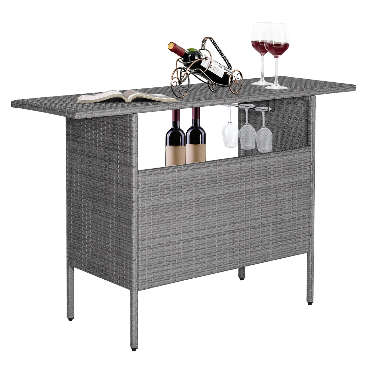 Outdoor Patio Wicker Bar Table with Metal Shelves & Wine Glass Rack