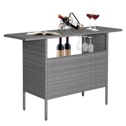 Outdoor Patio Wicker Bar Table with Metal Shelves & Wine Glass Rack