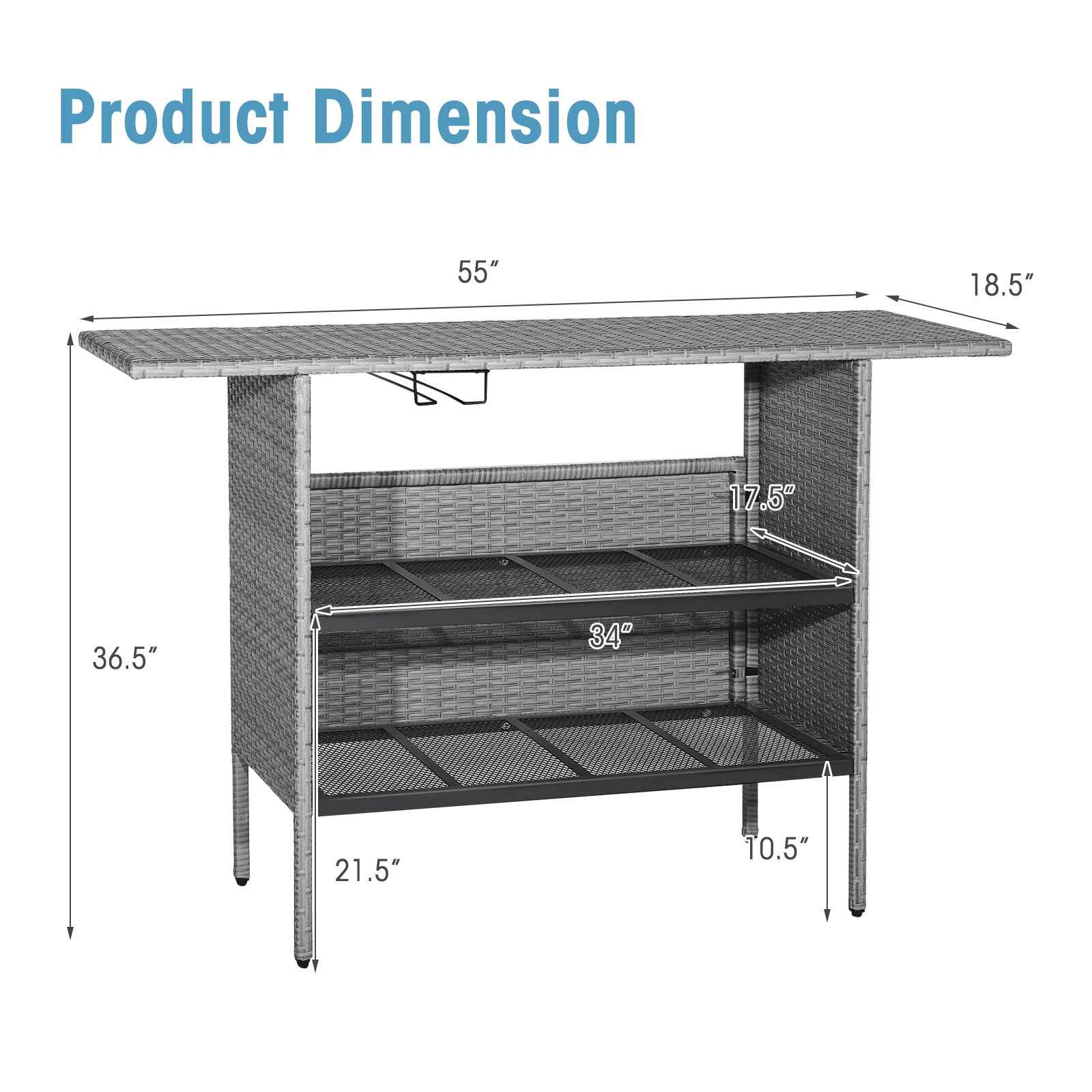 Outdoor Patio Wicker Bar Table with Metal Shelves & Wine Glass Rack