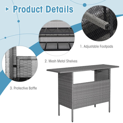 Outdoor Patio Wicker Bar Table with Metal Shelves & Wine Glass Rack