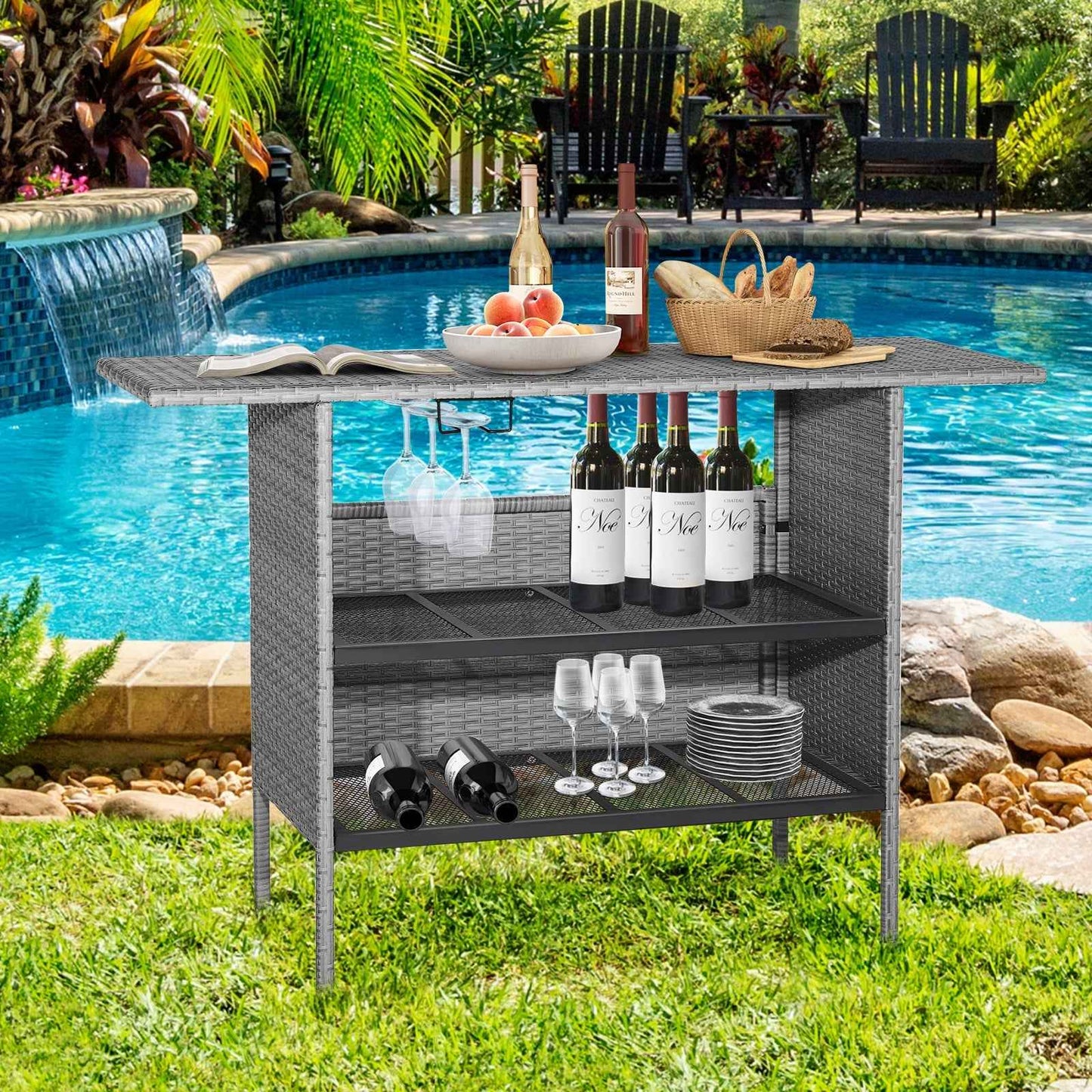 Outdoor Patio Wicker Bar Table with Metal Shelves & Wine Glass Rack