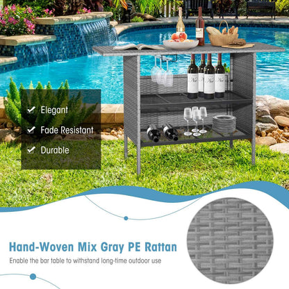 Outdoor Patio Wicker Bar Table with Metal Shelves & Wine Glass Rack