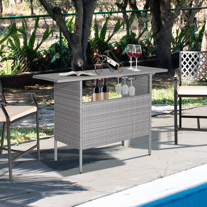Outdoor Patio Wicker Bar Table with Metal Shelves & Wine Glass Rack
