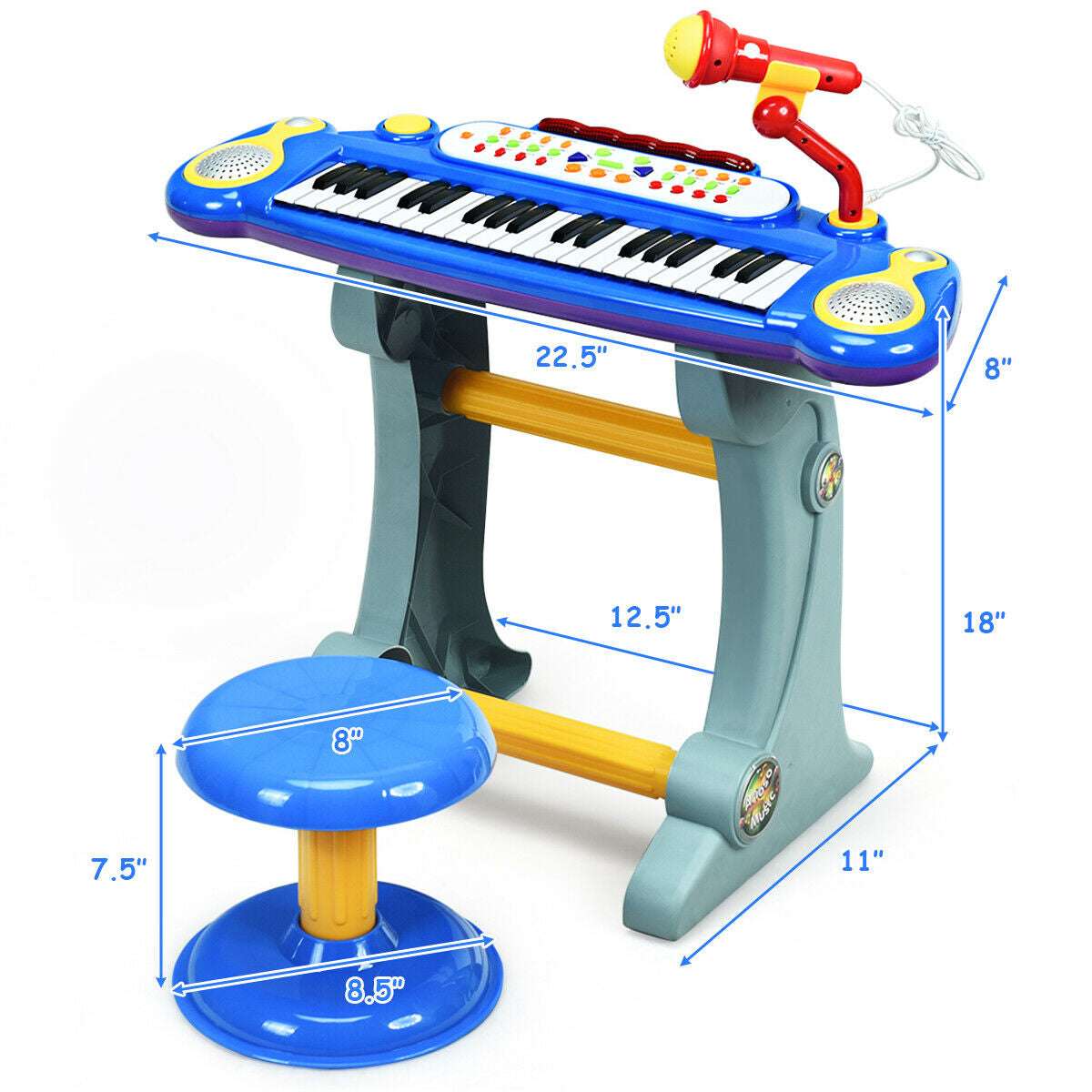 Blue electronic keyboard set with microphone and stool; dimensions shown