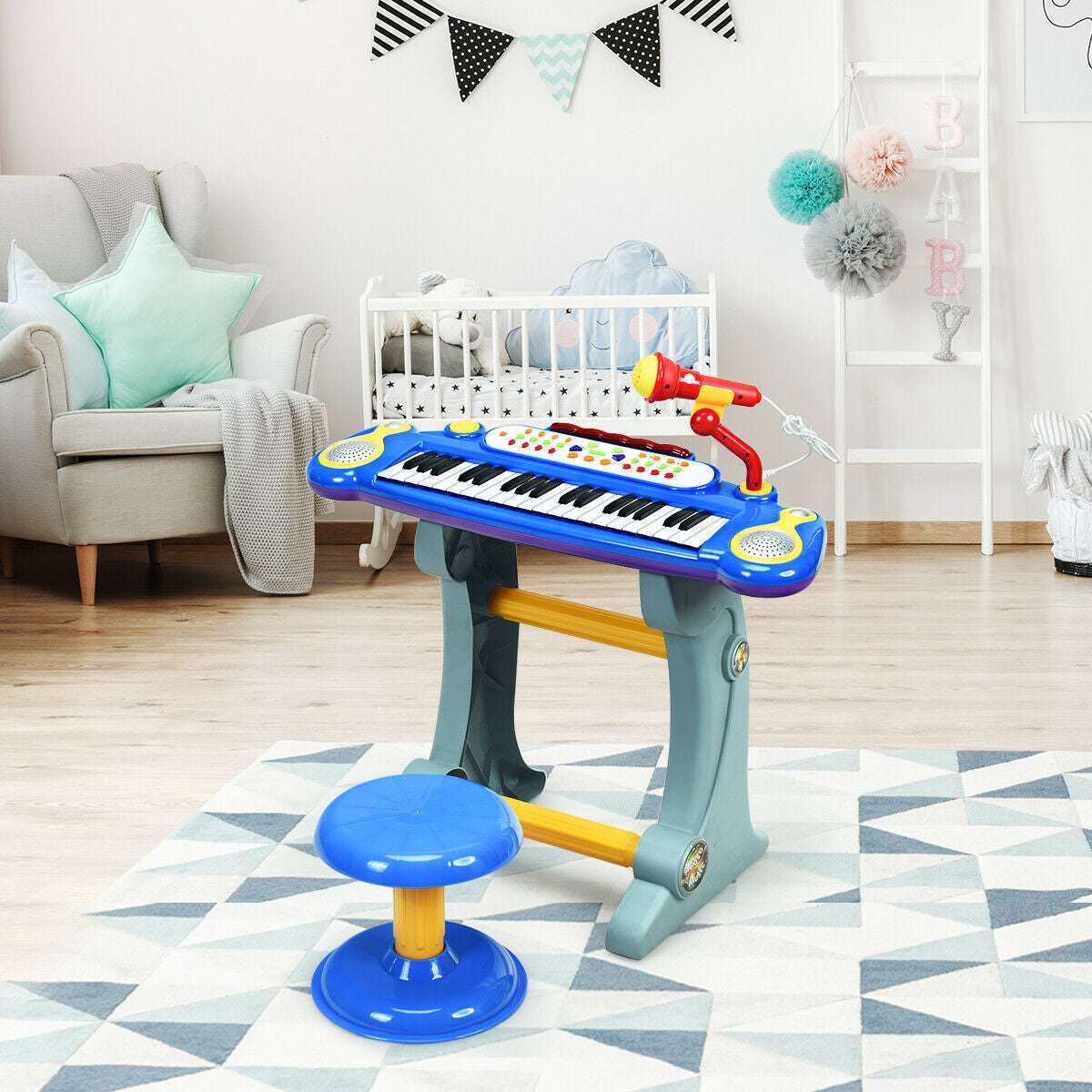 Blue electronic kids' keyboard set with microphone, stand, and stool