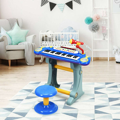 Blue electronic kids' keyboard set with microphone, stand, and stool