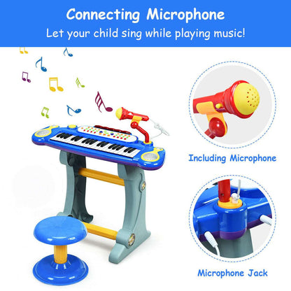 Blue kids' keyboard set with microphone and stool, featuring a detachable microphone jack