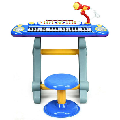 Front view of blue kids' keyboard set with microphone and matching stool