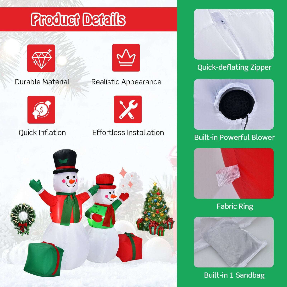 Inflatable snowman pair with gift boxes, zipper, built-in blower, fabric ring, and sandbag details