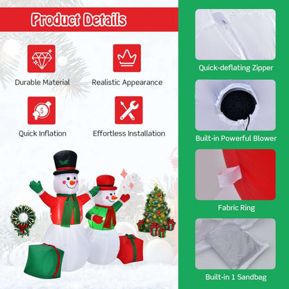 Inflatable snowman pair with gift boxes, zipper, built-in blower, fabric ring, and sandbag details