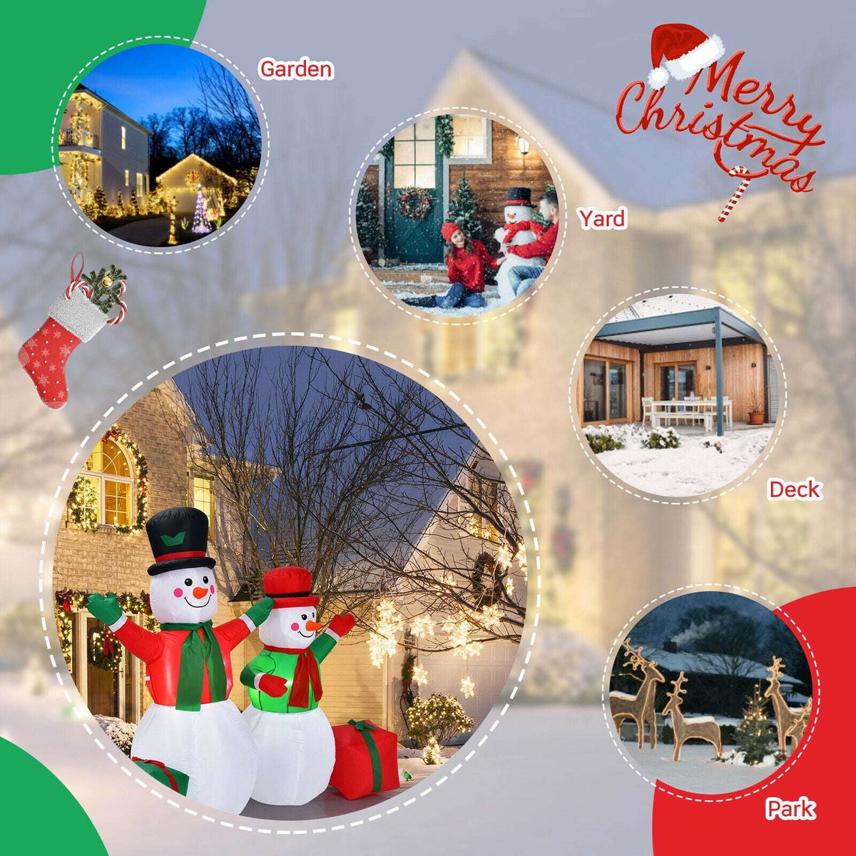 Inflatable snowman pair with gift boxes shown in outdoor garden, yard, deck, and park settings