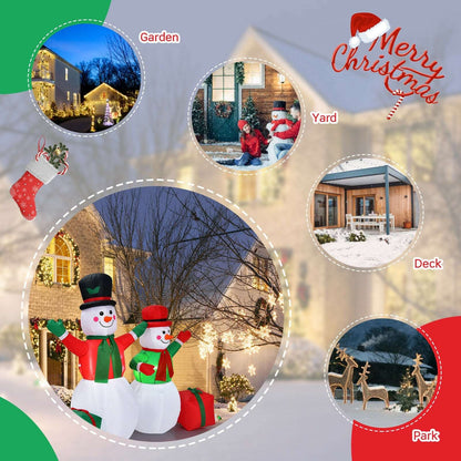 Inflatable snowman pair with gift boxes shown in outdoor garden, yard, deck, and park settings