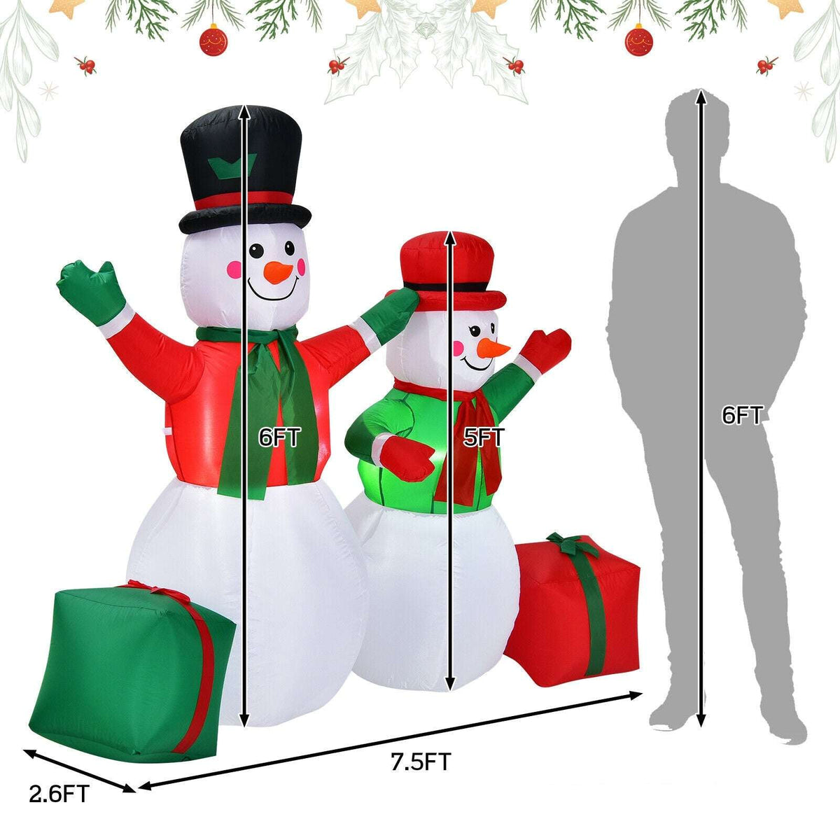 Inflatable snowman pair with gift boxes; the taller figure measures 6 feet