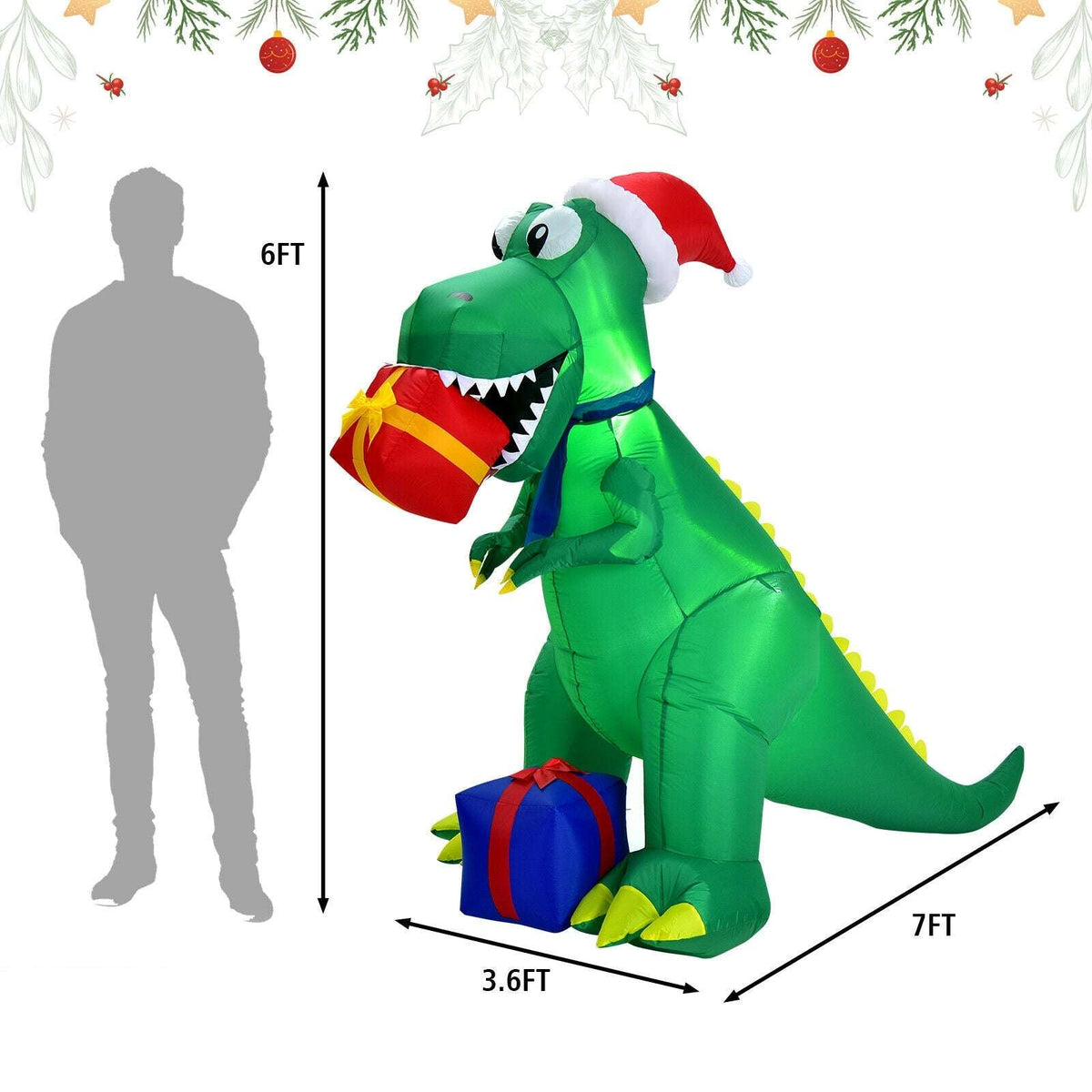 Six-foot green Christmas inflatable dinosaur with Santa hat and gifts; size diagram shows dimensions