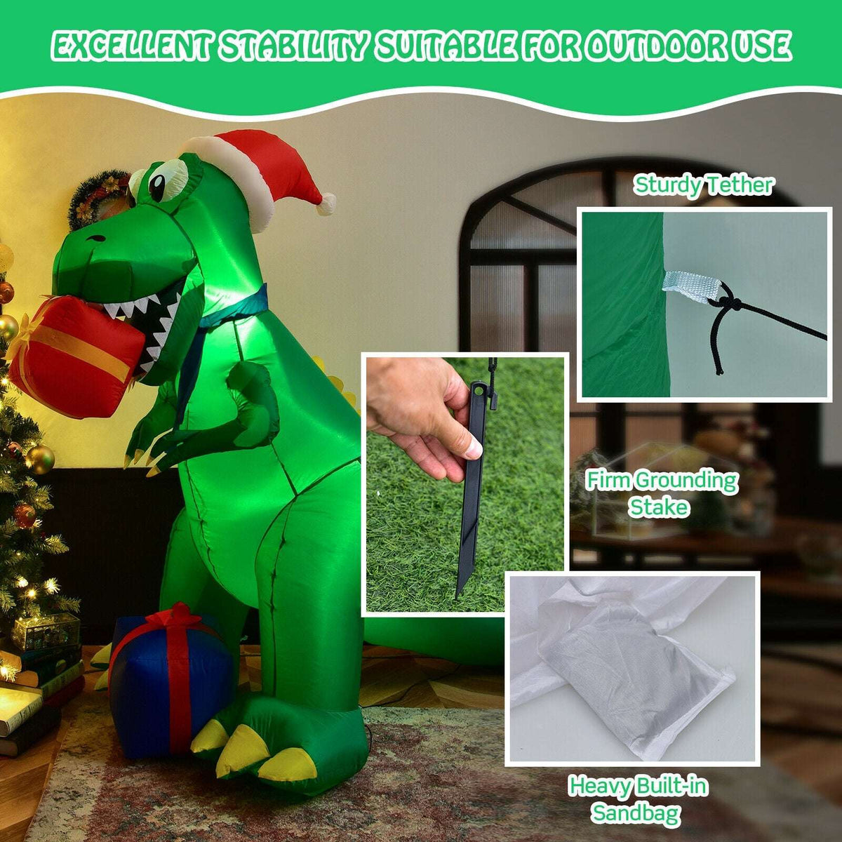 Green Christmas inflatable dinosaur with close-ups of its tether, ground stake, and sandbag