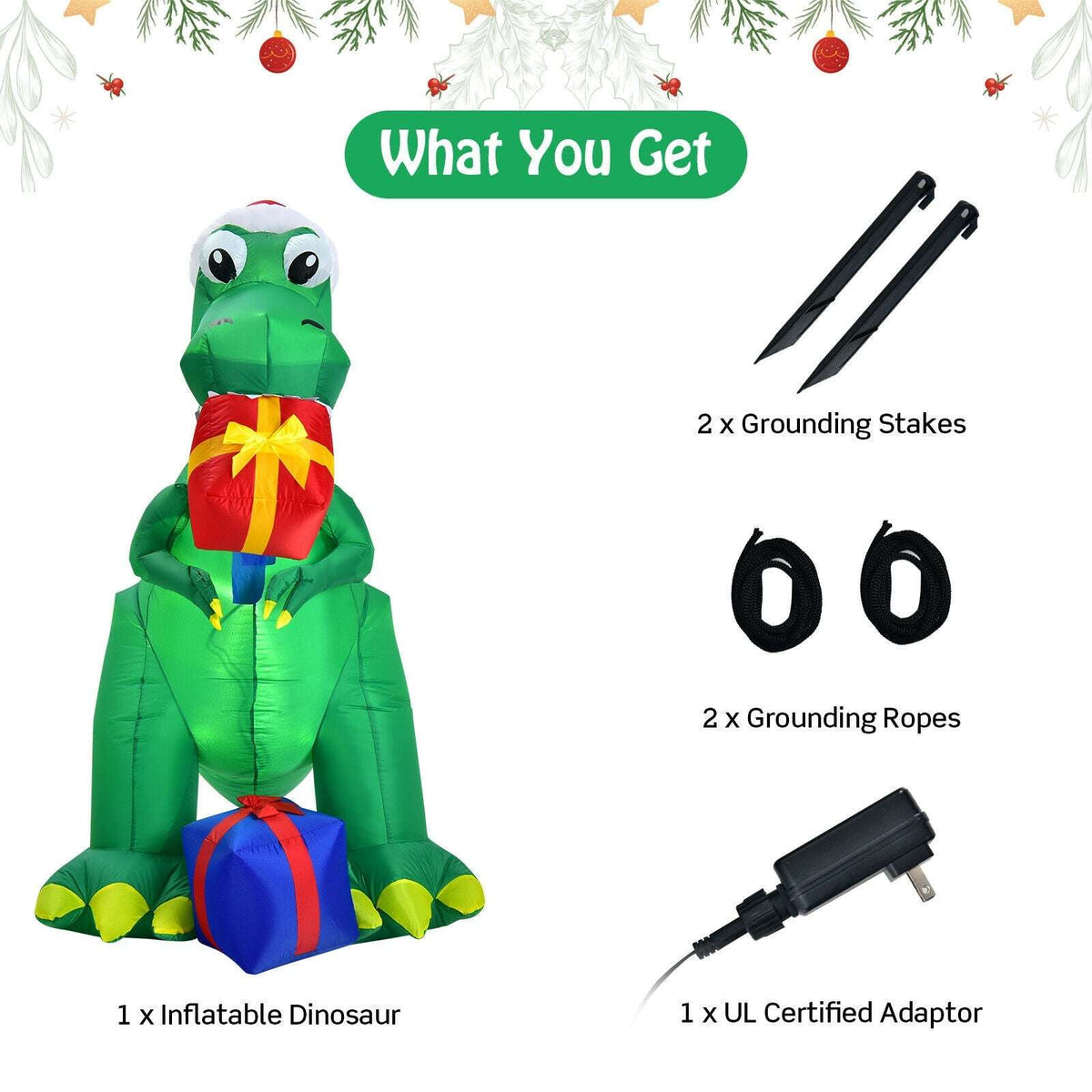 Christmas inflatable dinosaur kit with grounding stakes, ropes, and power adapter