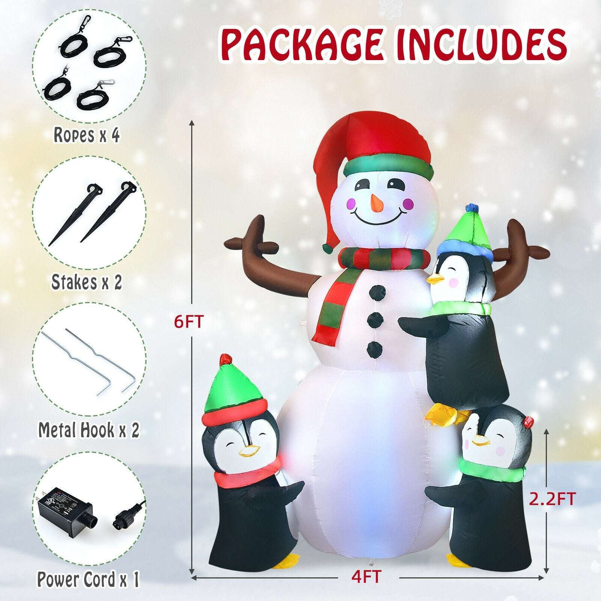 Inflatable snowman with three penguins, shown with included ropes, stakes, hooks, and power cord