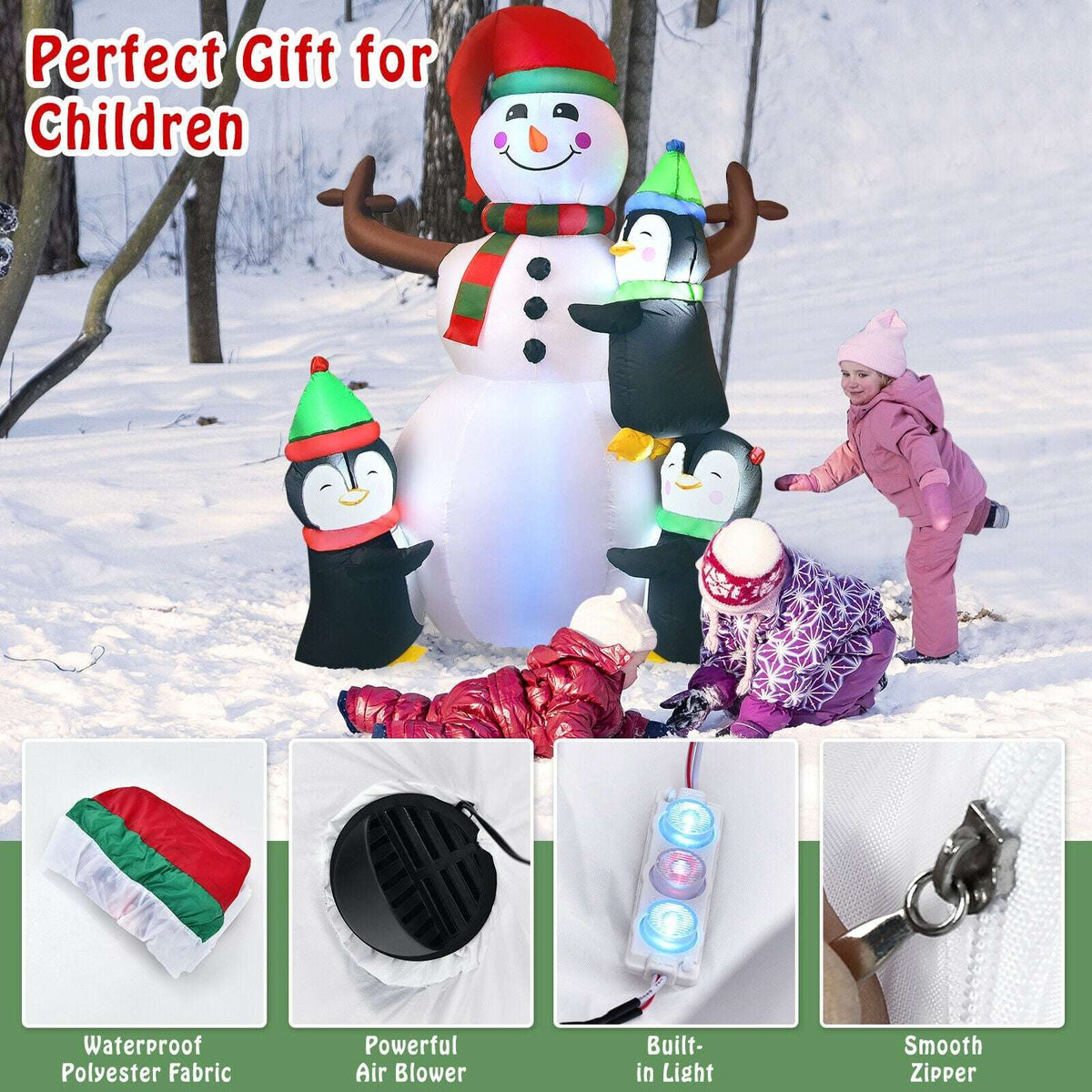 Inflatable snowman and penguins with built-in lights, blower, and zipper details