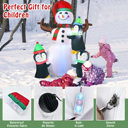 Inflatable snowman and penguins with built-in lights, blower, and zipper details