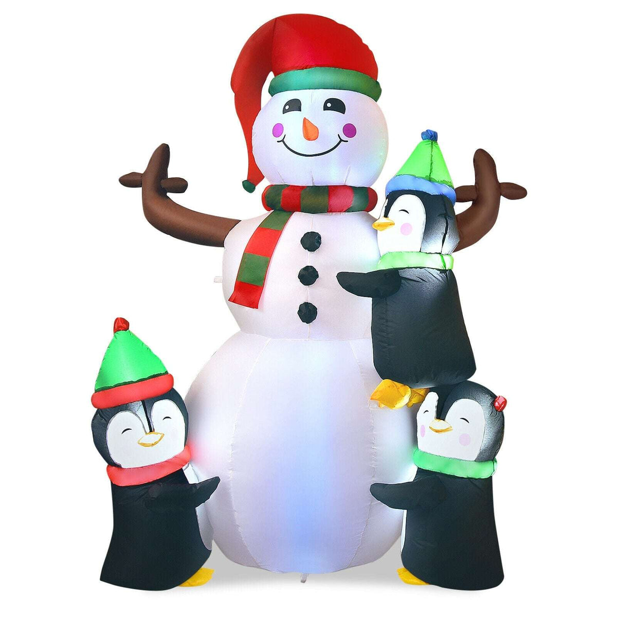 Inflatable snowman with three penguins, wearing colorful winter hats and scarves