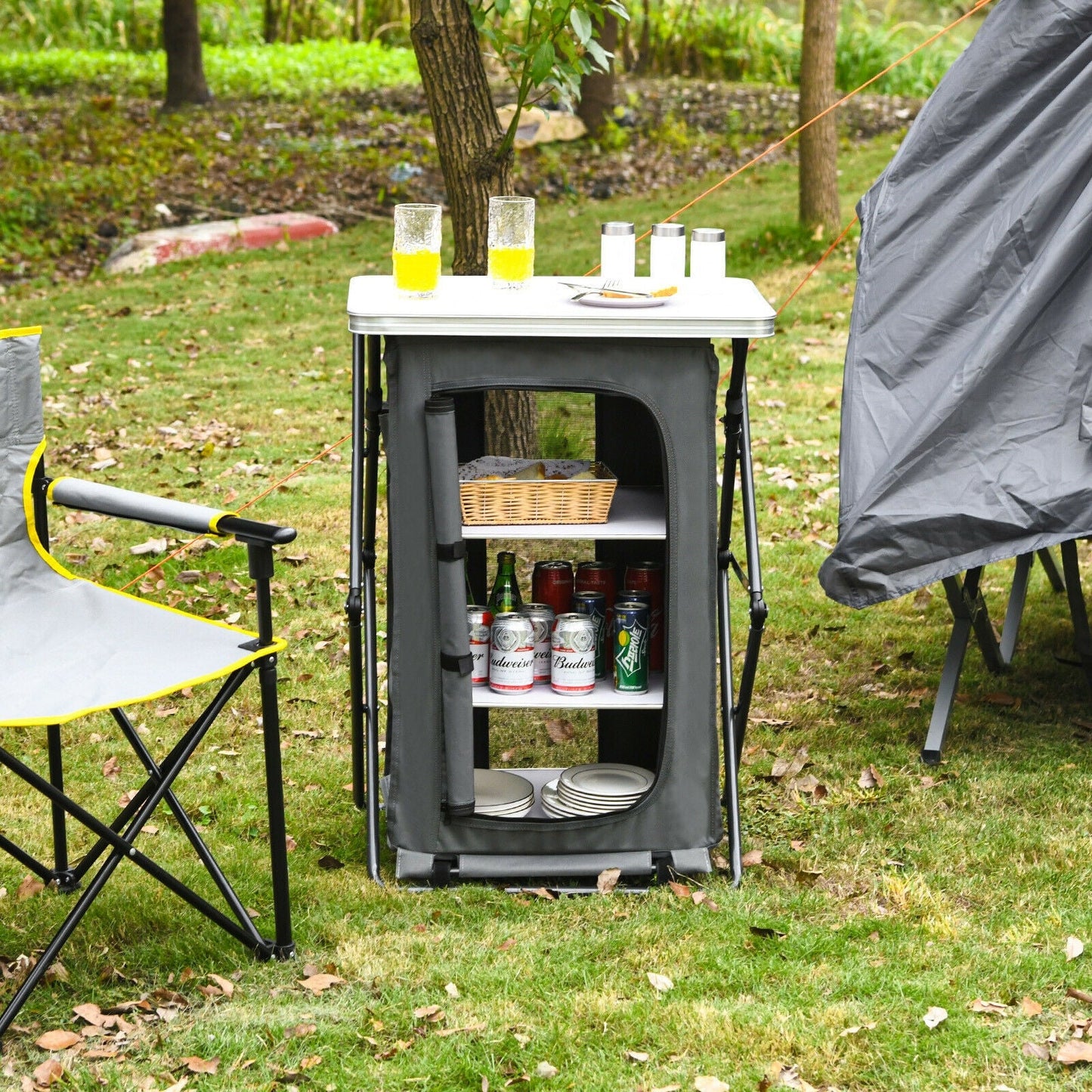 Folding Camping Storage Cabinet | 3 Shelves + Tabletop | M, L or XL | Waterproof Oxford Cloth | Gray