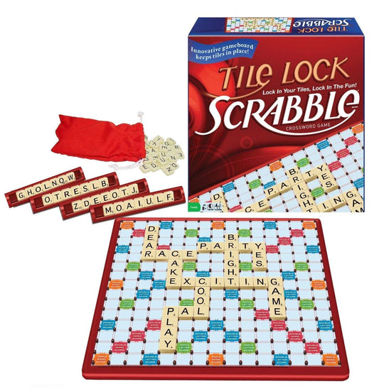 Tile Lock Scrabble travel board game with red cover, tile bag, and assembled board