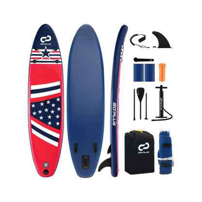 Inflatable paddle board with stars-and-stripes deck and full accessory bundle.