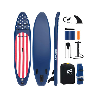 Inflatable paddle board with stars-and-stripes deck plus paddle and accessory kit.