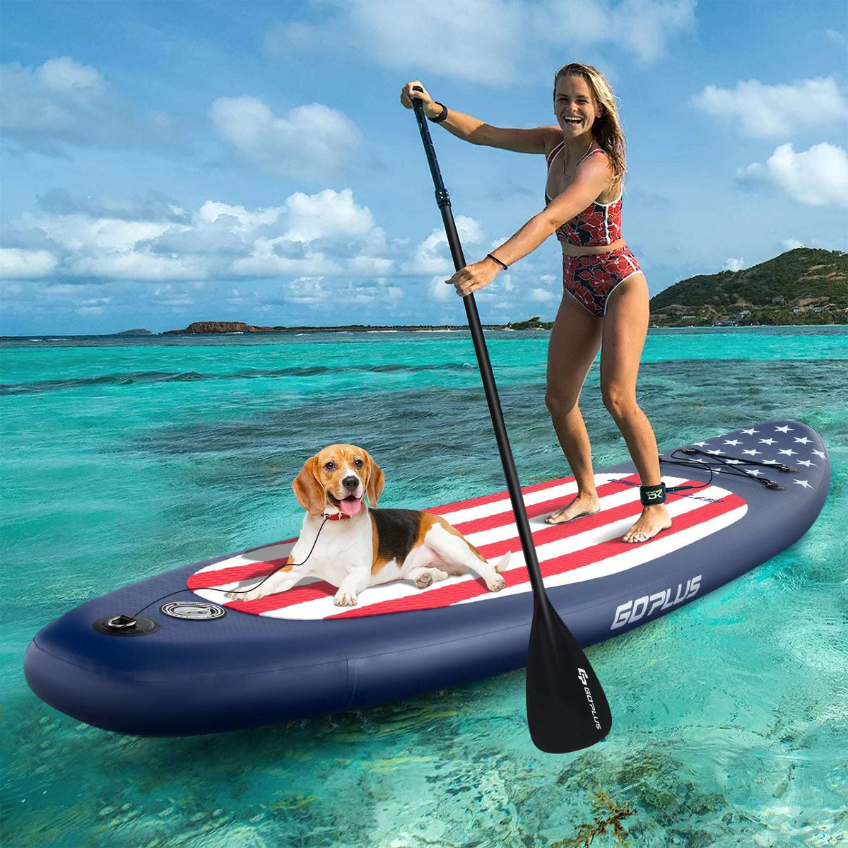 Blue inflatable paddle board with red-and-white striped deck and removable fin.