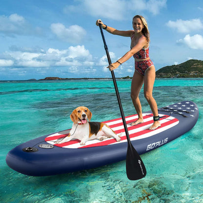 Blue inflatable paddle board with red-and-white striped deck and removable fin.