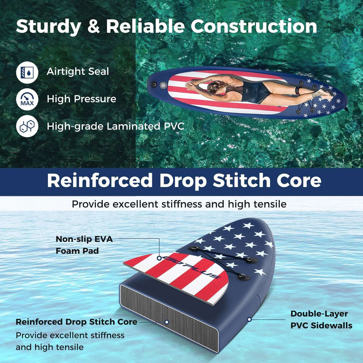 Inflatable paddle board with stars-and-stripes foam deck pad and reinforced sidewalls.