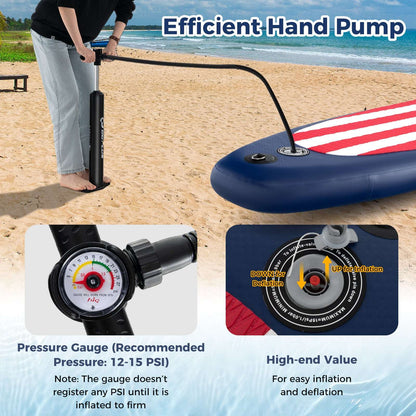 Inflatable paddle board with red-and-white striped deck and attached pressure hand pump.