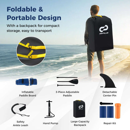 Inflatable paddle board kit with backpack, detachable paddle pieces, and striped board deck.