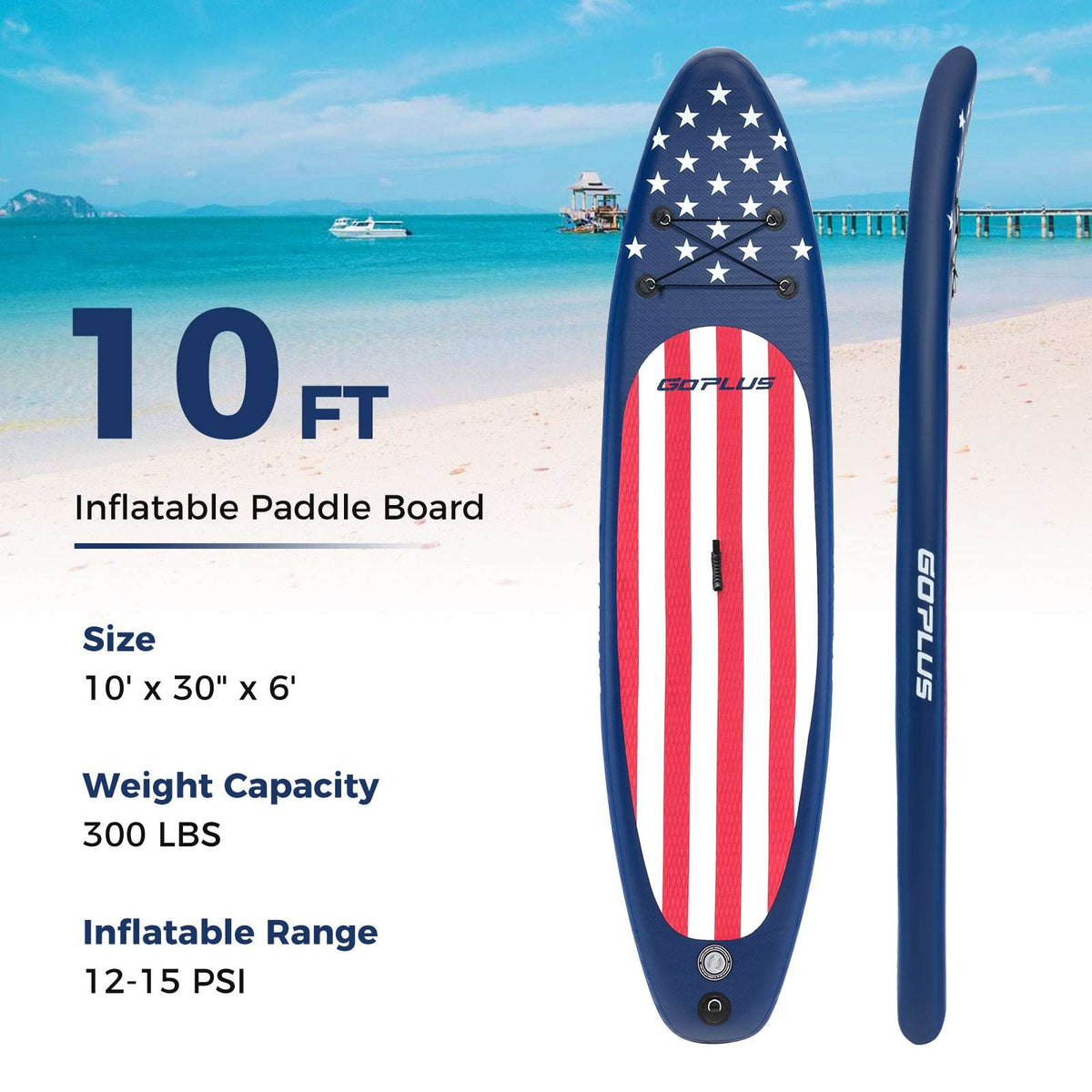 Inflatable paddle board with stars-and-stripes deck and blue double-fin side rails.