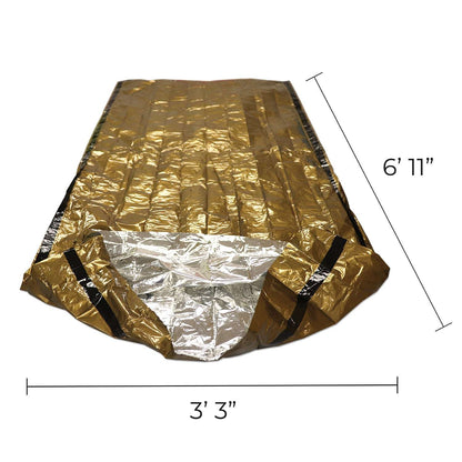 Emergency bivvy sleeping bag, open gold and silver foil with size labels (6'11" x 3'3")