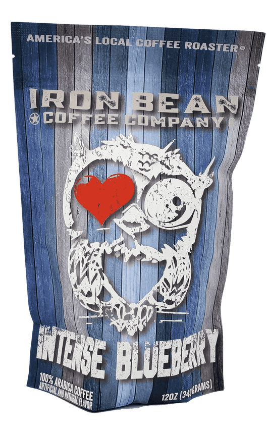 Blue striped coffee bag with bear and heart blueberry artwork, Iron Bean Coffee Company branding