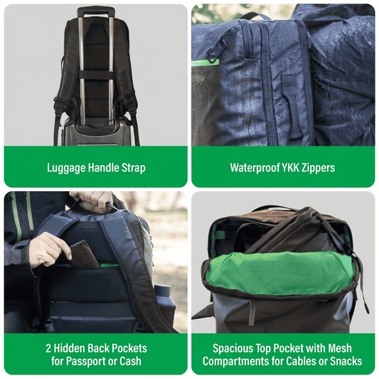 Black carry-on backpack features luggage handle strap, waterproof zippers, hidden back pockets