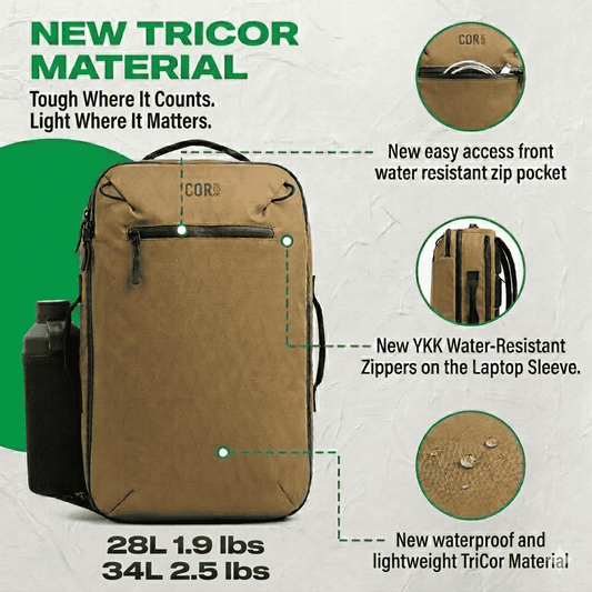 Desert sand backpack front view with water-resistant zip pocket and laptop sleeve access