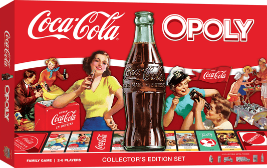 Coca-Cola Opoly collector's edition board game set in red, with bottle-shaped piece and cards