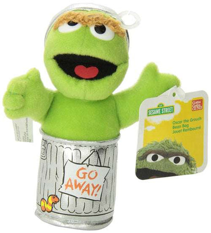 Oscar the Grouch green plush beanbag in a silver trash can, with hang tag