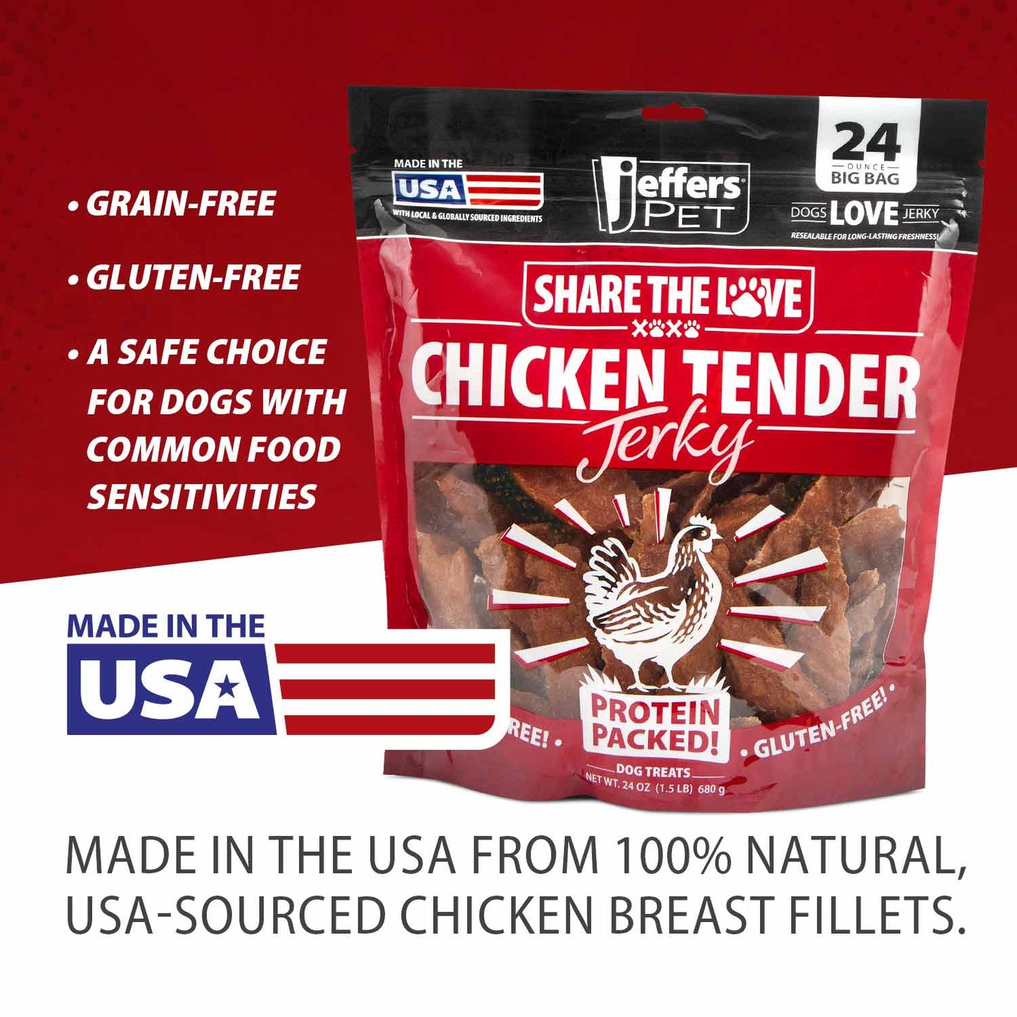 Jeffers Chicken Jerky Dog Treats | 24 oz | 100% Natural | Grain-Free | Made in USA | 1 or 2 Pack