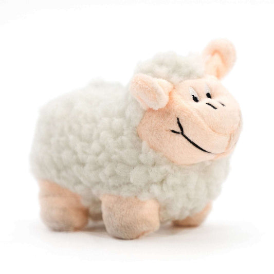 Cream plush lamb squeaker dog toy, side view, light pink snout and paws