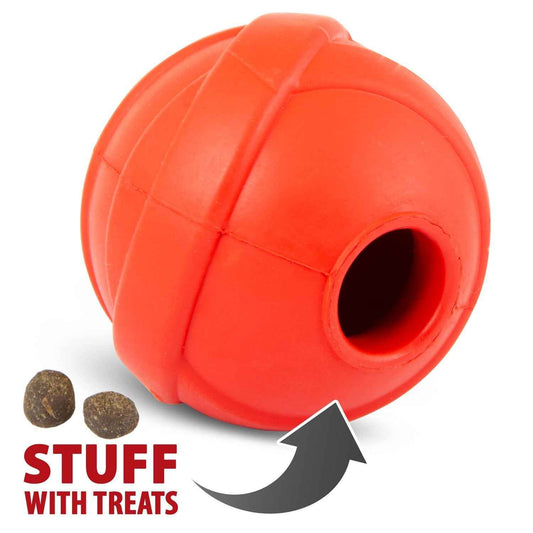 Orange-red rubber treat-dispensing ball dog chew toy with round opening
